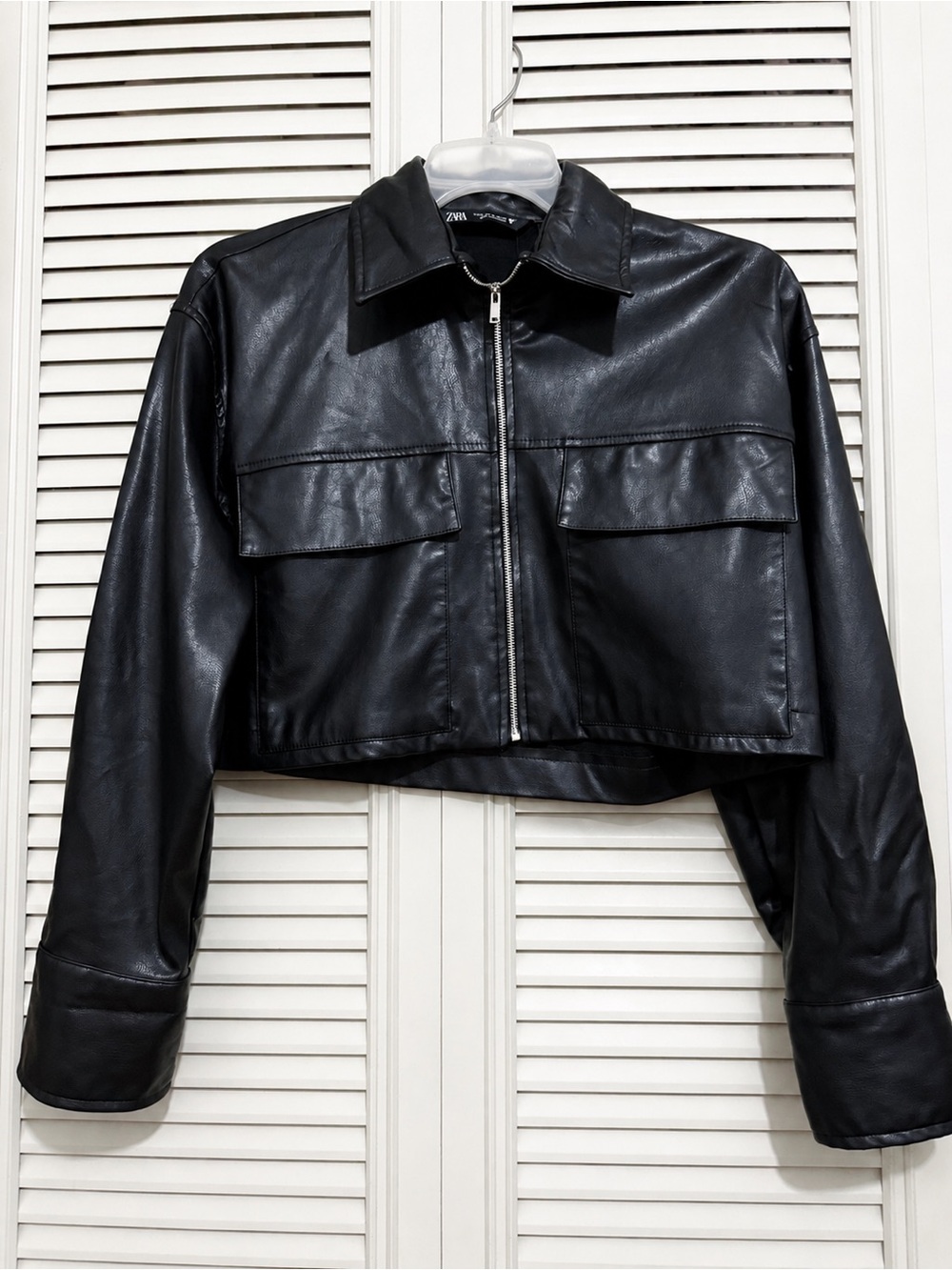 Zara Black Cropped Faux Leather Zip-Front Jacket